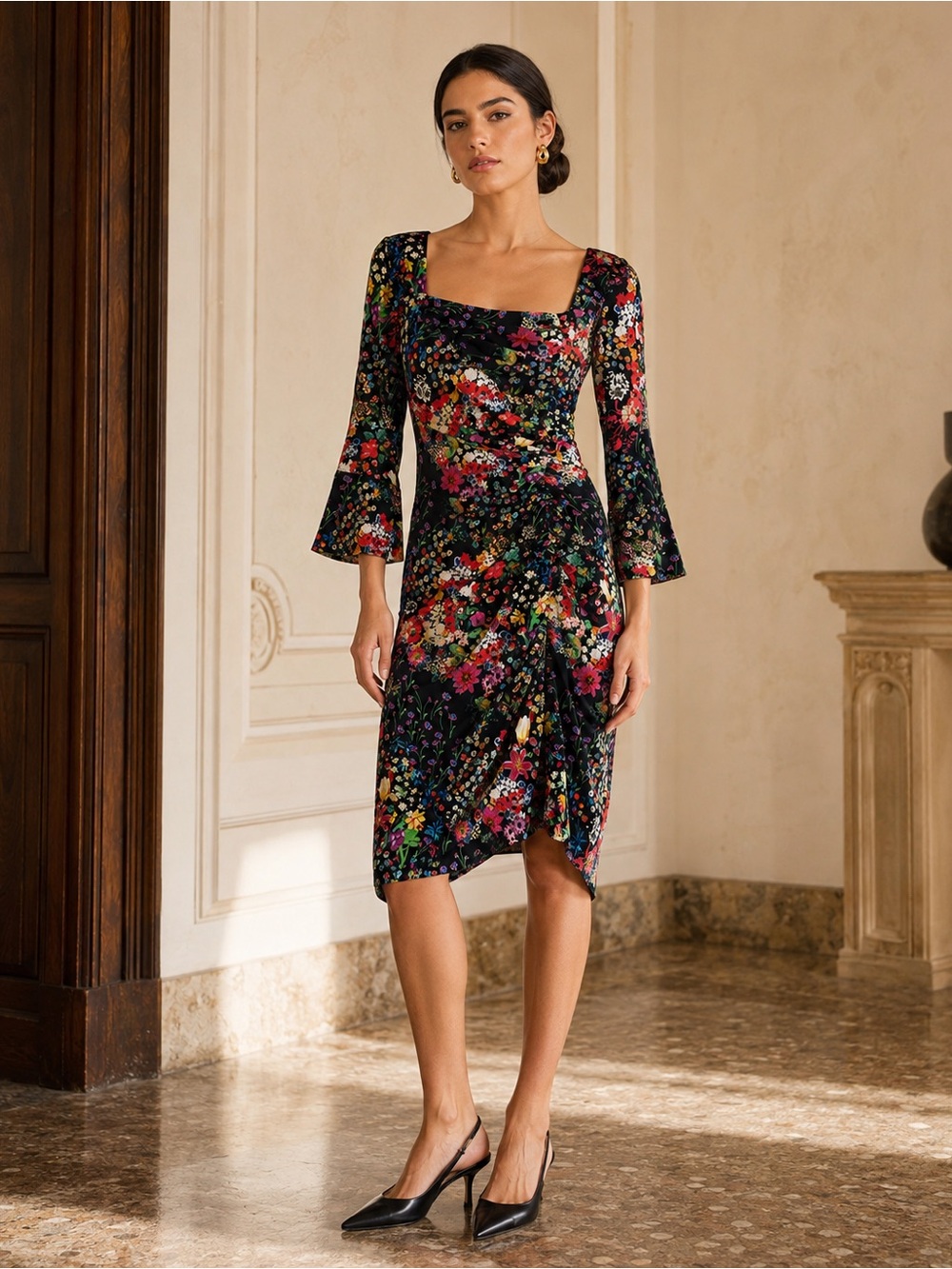 Etro Black Multicolor Floral Ruched Asymmetric Midi Dress 🖤 size 8 - Picture 2 of 9